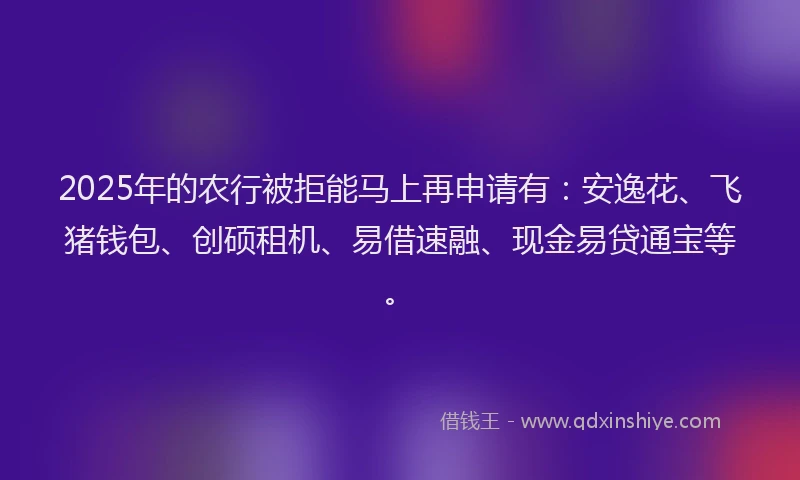 2025年的农行被拒能马上再申请有：安逸花、飞猪钱包、创硕租机、易借速融、现金易贷通宝等。