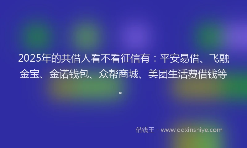 2025年的共借人看不看征信有：平安易借、飞融金宝、金诺钱包、众帮商城、美团生活费借钱等。