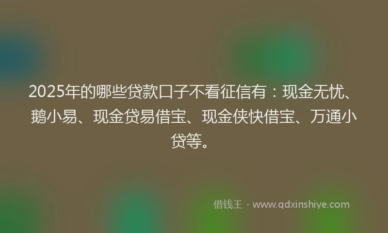 2025年的哪些贷款口子不看征信有：现金无忧、鹅小易、现金贷易借宝、现金侠快借宝、万通小贷等。