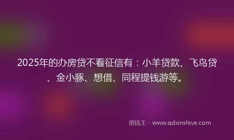 2025年的办房贷不看征信有：小羊贷款、飞鸟贷、金小豚、想借、同程提钱游等。
