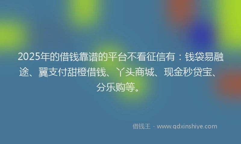 2025年的借钱靠谱的平台不看征信有：钱袋易融途、翼支付甜橙借钱、丫头商城、现金秒贷宝、分乐购等。
