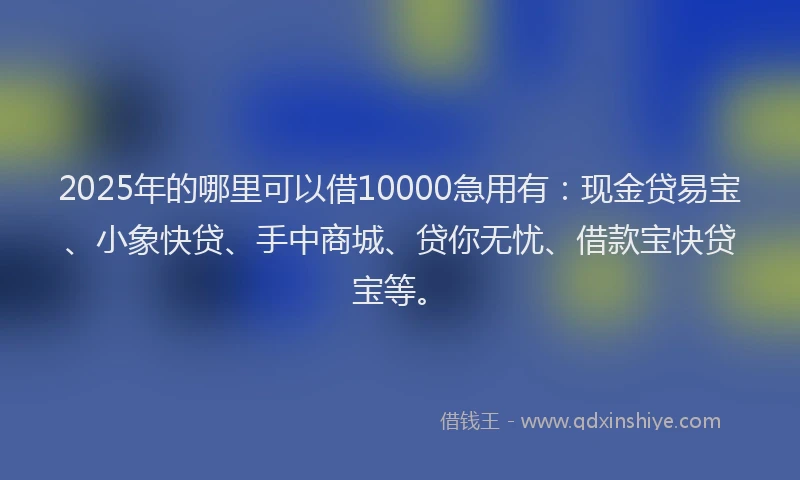 2025年的哪里可以借10000急用有：现金贷易宝、小象快贷、手中商城、贷你无忧、借款宝快贷宝等。