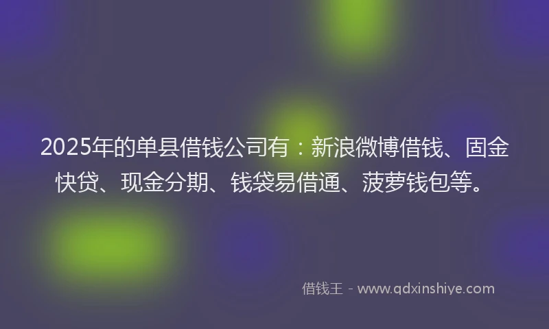 2025年的单县借钱公司有：新浪微博借钱、固金快贷、现金分期、钱袋易借通、菠萝钱包等。