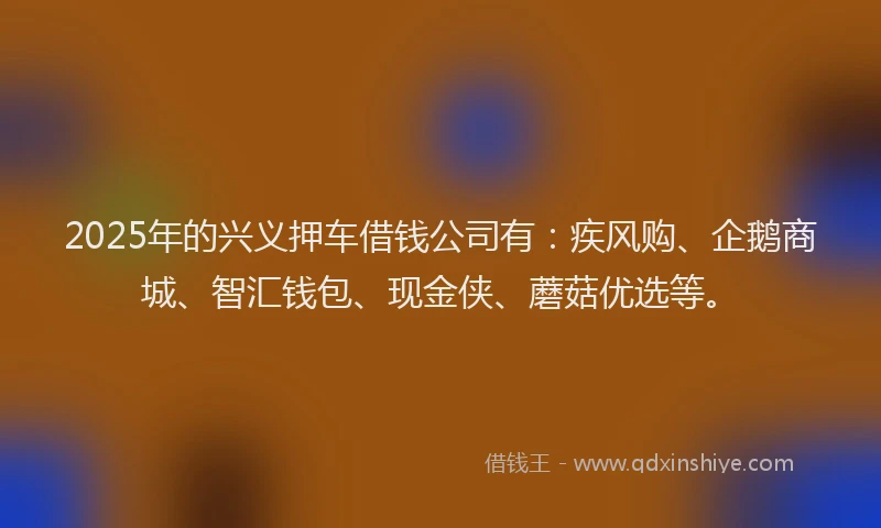 2025年的兴义押车借钱公司有：疾风购、企鹅商城、智汇钱包、现金侠、蘑菇优选等。