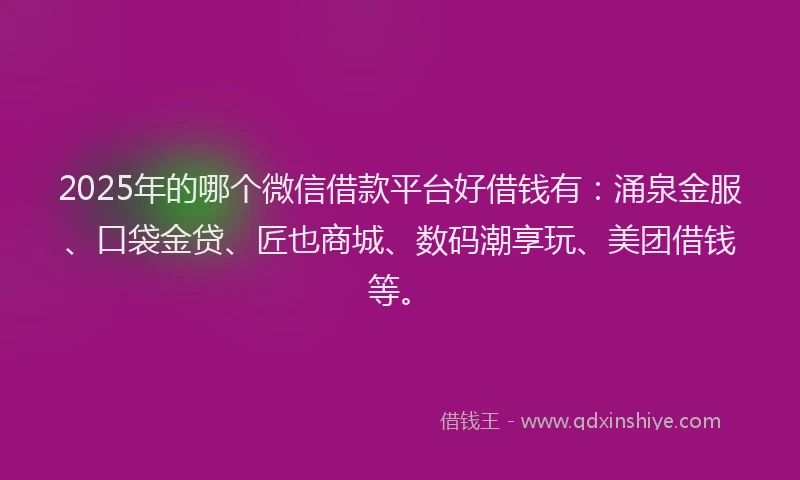 2025年的哪个微信借款平台好借钱有：涌泉金服、口袋金贷、匠也商城、数码潮享玩、美团借钱等。