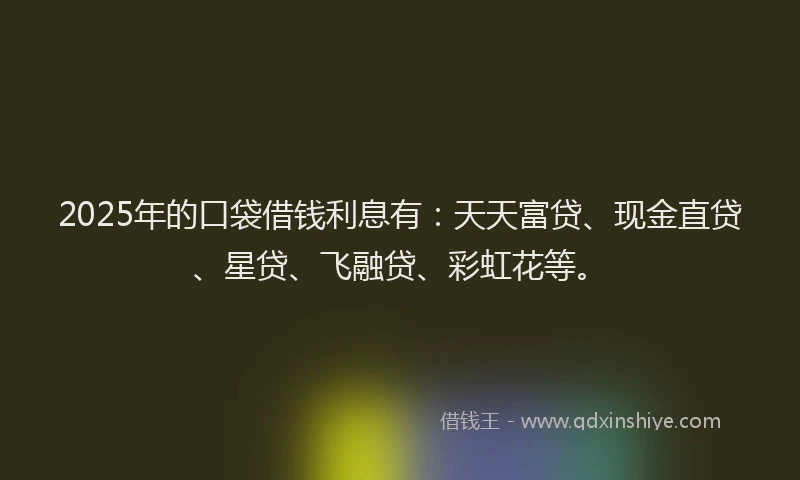 2025年的口袋借钱利息有：天天富贷、现金直贷、星贷、飞融贷、彩虹花等。