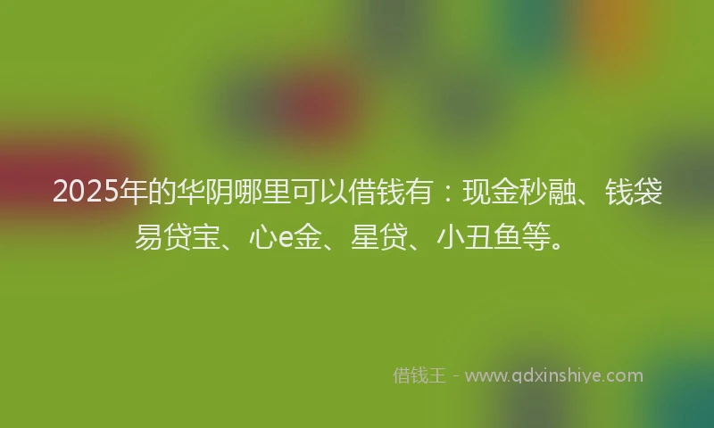 2025年的华阴哪里可以借钱有：现金秒融、钱袋易贷宝、心e金、星贷、小丑鱼等。