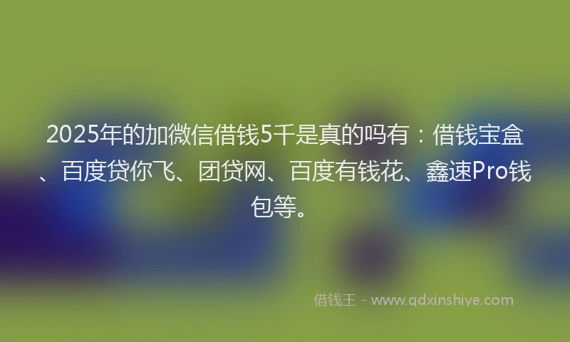 2025年的加微信借钱5千是真的吗有：借钱宝盒、百度贷你飞、团贷网、百度有钱花、鑫速Pro钱包等。