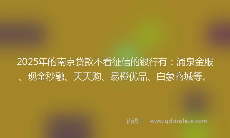 2025年的南京贷款不看征信的银行有：涌泉金服、现金秒融、天天购、易橙优品、白象商城等。