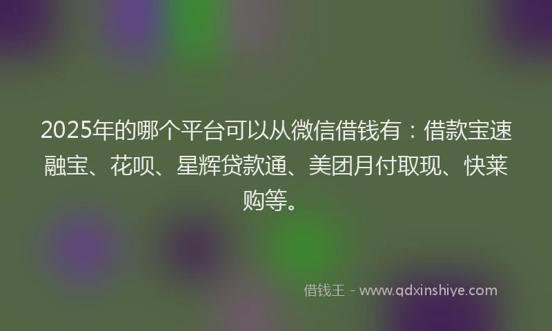 2025年的哪个平台可以从微信借钱有：借款宝速融宝、花呗、星辉贷款通、美团月付取现、快莱购等。