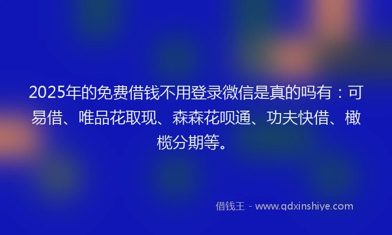 2025年的免费借钱不用登录微信是真的吗有：可易借、唯品花取现、森森花呗通、功夫快借、橄榄分期等。