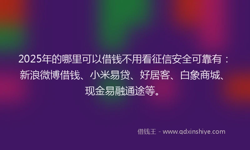 2025年的哪里可以借钱不用看征信安全可靠有：新浪微博借钱、小米易贷、好居客、白象商城、现金易融通途等。