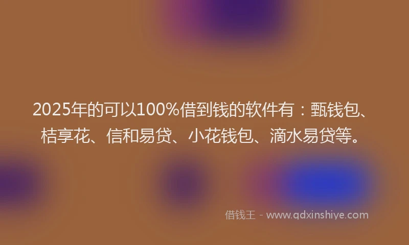 2025年的可以100%借到钱的软件有：甄钱包、桔享花、信和易贷、小花钱包、滴水易贷等。