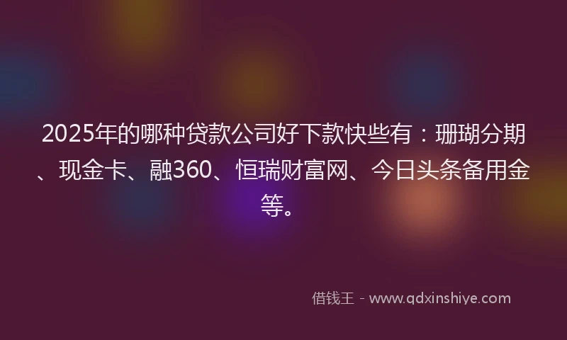 2025年的哪种贷款公司好下款快些有：珊瑚分期、现金卡、融360、恒瑞财富网、今日头条备用金等。