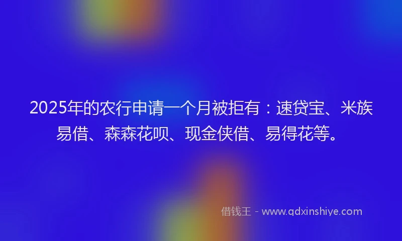 2025年的农行申请一个月被拒有：速贷宝、米族易借、森森花呗、现金侠借、易得花等。