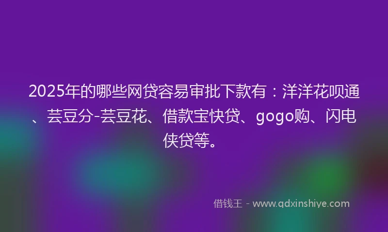 2025年的哪些网贷容易审批下款有：洋洋花呗通、芸豆分-芸豆花、借款宝快贷、gogo购、闪电侠贷等。