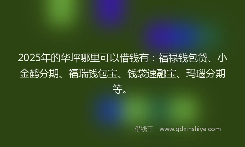 2025年的华坪哪里可以借钱有：福禄钱包贷、小金鹤分期、福瑞钱包宝、钱袋速融宝、玛瑙分期等。