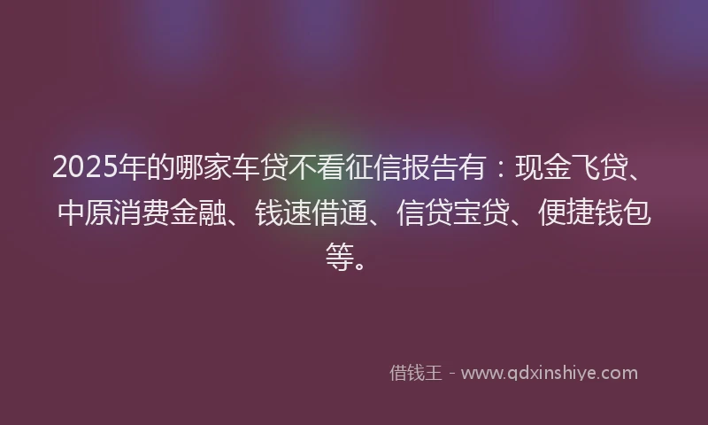 2025年的哪家车贷不看征信报告有：现金飞贷、中原消费金融、钱速借通、信贷宝贷、便捷钱包等。