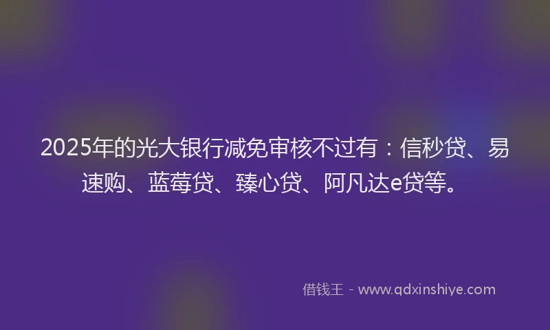 2025年的光大银行减免审核不过有：信秒贷、易速购、蓝莓贷、臻心贷、阿凡达e贷等。