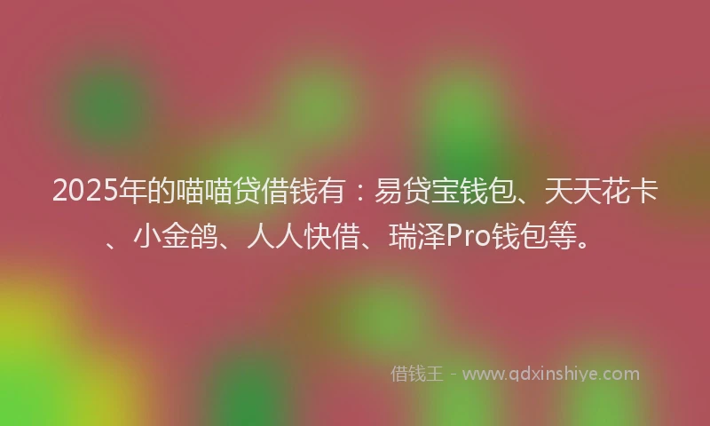 2025年的喵喵贷借钱有：易贷宝钱包、天天花卡、小金鸽、人人快借、瑞泽Pro钱包等。