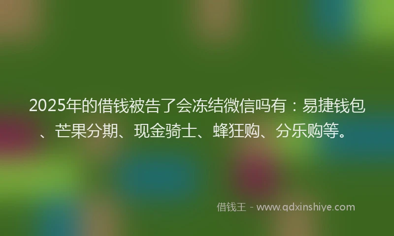 2025年的借钱被告了会冻结微信吗有：易捷钱包、芒果分期、现金骑士、蜂狂购、分乐购等。