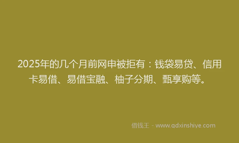 2025年的几个月前网申被拒有：钱袋易贷、信用卡易借、易借宝融、柚子分期、甄享购等。