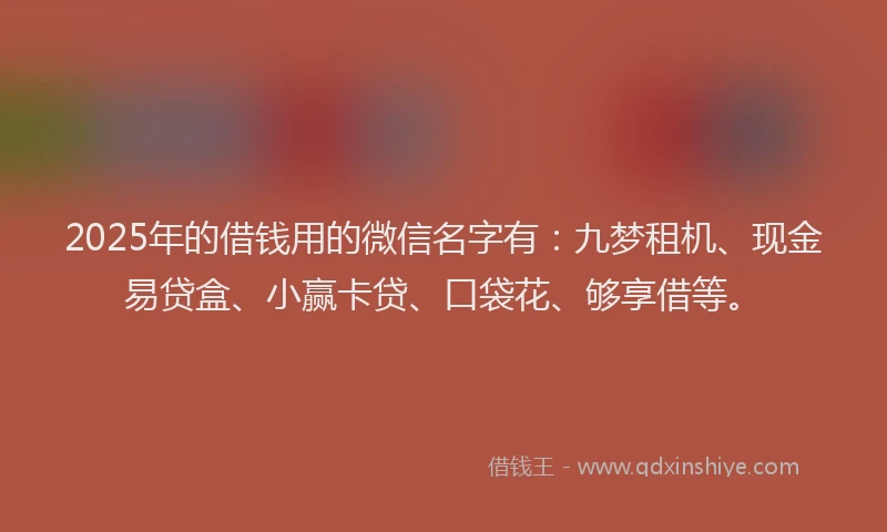 2025年的借钱用的微信名字有：九梦租机、现金易贷盒、小赢卡贷、口袋花、够享借等。