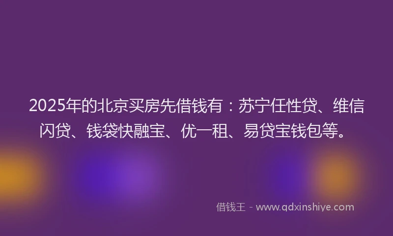 2025年的北京买房先借钱有：苏宁任性贷、维信闪贷、钱袋快融宝、优一租、易贷宝钱包等。