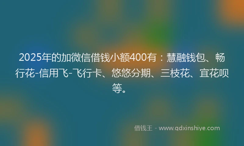 2025年的加微信借钱小额400有：慧融钱包、畅行花-信用飞-飞行卡、悠悠分期、三枝花、宜花呗等。