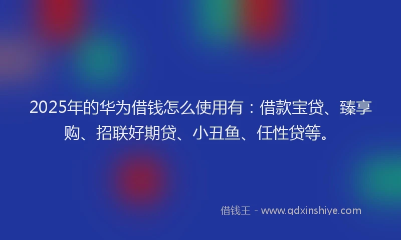 2025年的华为借钱怎么使用有：借款宝贷、臻享购、招联好期贷、小丑鱼、任性贷等。