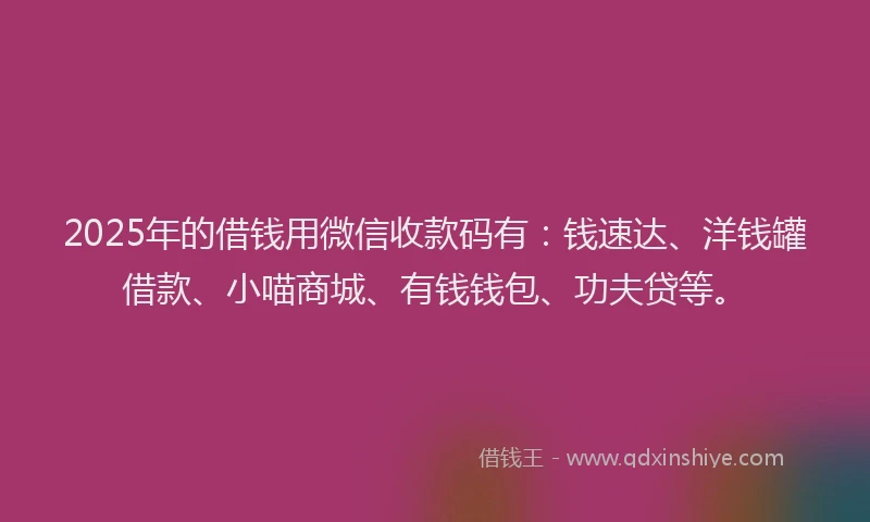 2025年的借钱用微信收款码有：钱速达、洋钱罐借款、小喵商城、有钱钱包、功夫贷等。