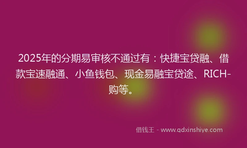 2025年的分期易审核不通过有：快捷宝贷融、借款宝速融通、小鱼钱包、现金易融宝贷途、RICH-购等。