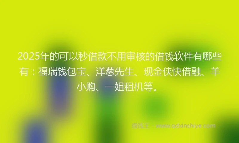 2025年的可以秒借款不用审核的借钱软件有哪些有：福瑞钱包宝、洋葱先生、现金侠快借融、羊小购、一姐租机等。