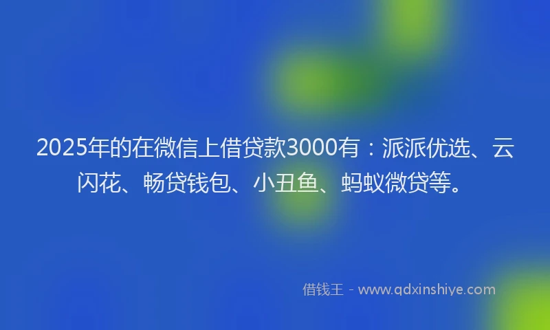 2025年的在微信上借贷款3000有：派派优选、云闪花、畅贷钱包、小丑鱼、蚂蚁微贷等。