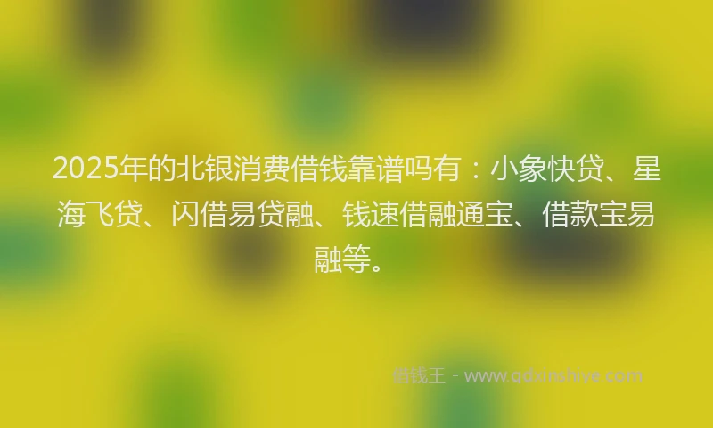 2025年的北银消费借钱靠谱吗有：小象快贷、星海飞贷、闪借易贷融、钱速借融通宝、借款宝易融等。