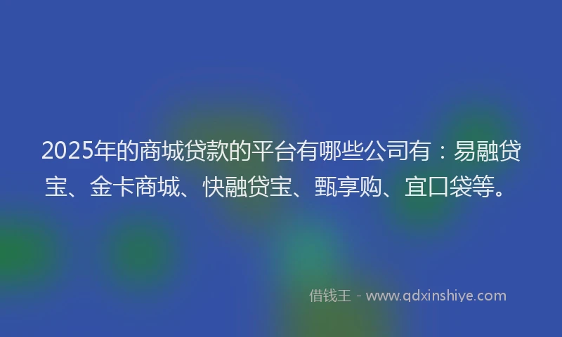 2025年的商城贷款的平台有哪些公司有：易融贷宝、金卡商城、快融贷宝、甄享购、宜口袋等。