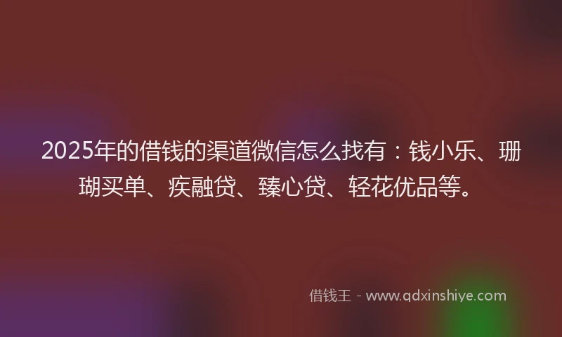 2025年的借钱的渠道微信怎么找有：钱小乐、珊瑚买单、疾融贷、臻心贷、轻花优品等。