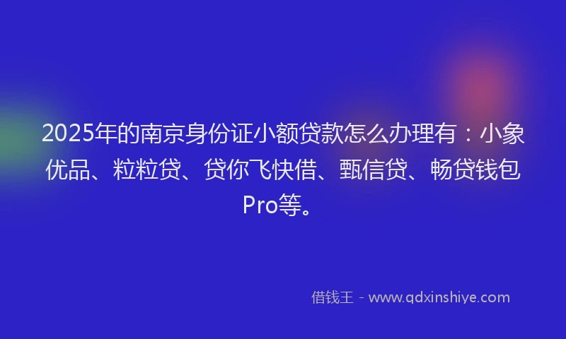 2025年的南京身份证小额贷款怎么办理有：小象优品、粒粒贷、贷你飞快借、甄信贷、畅贷钱包Pro等。