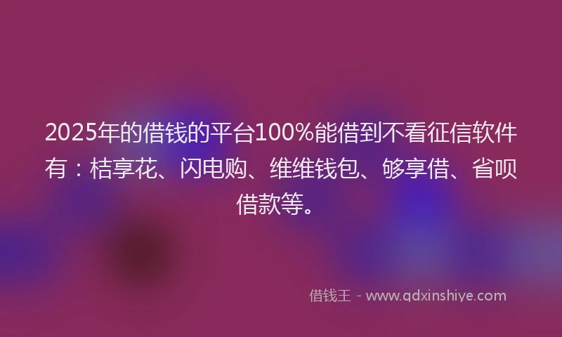 2025年的借钱的平台100%能借到不看征信软件有：桔享花、闪电购、维维钱包、够享借、省呗借款等。