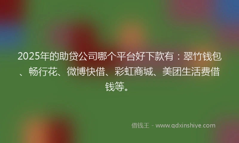2025年的助贷公司哪个平台好下款有：翠竹钱包、畅行花、微博快借、彩虹商城、美团生活费借钱等。