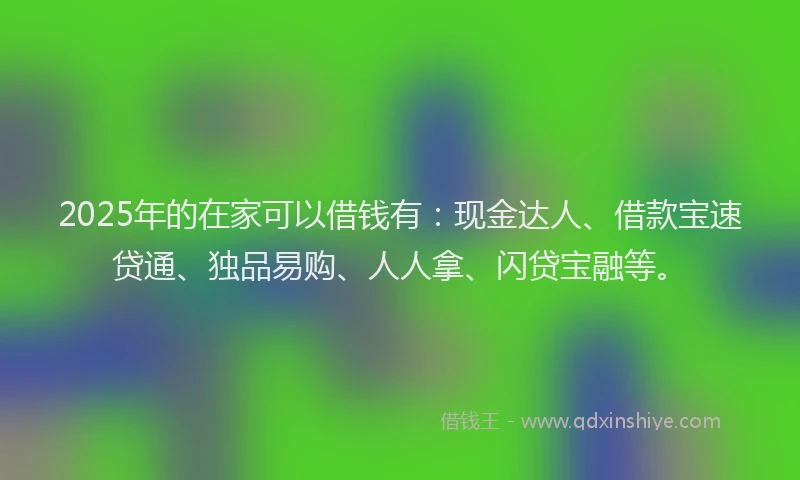 2025年的在家可以借钱有：现金达人、借款宝速贷通、独品易购、人人拿、闪贷宝融等。