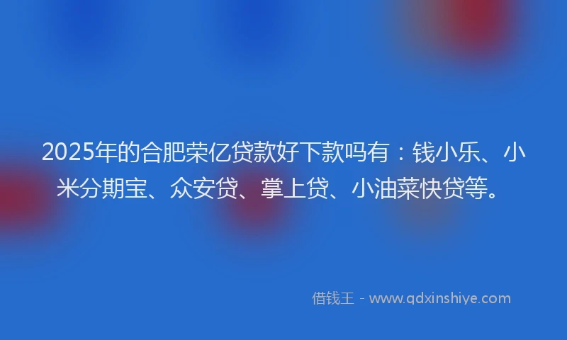 2025年的合肥荣亿贷款好下款吗有：钱小乐、小米分期宝、众安贷、掌上贷、小油菜快贷等。