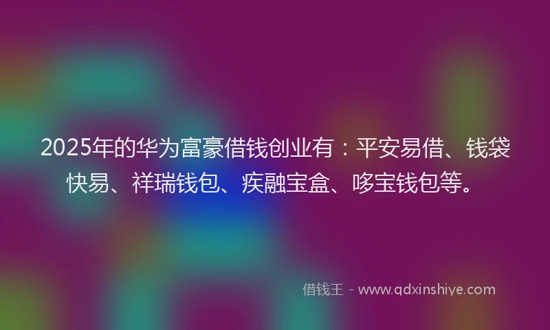 2025年的华为富豪借钱创业有：平安易借、钱袋快易、祥瑞钱包、疾融宝盒、哆宝钱包等。