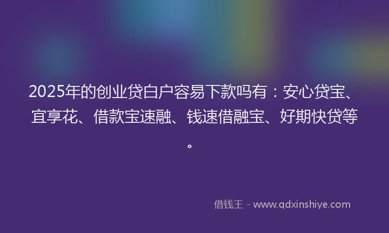 2025年的创业贷白户容易下款吗有：安心贷宝、宜享花、借款宝速融、钱速借融宝、好期快贷等。