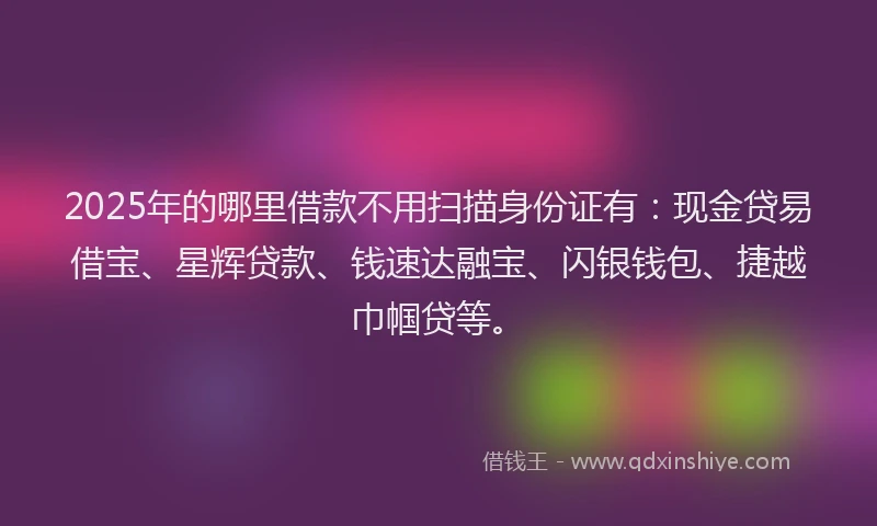 2025年的哪里借款不用扫描身份证有：现金贷易借宝、星辉贷款、钱速达融宝、闪银钱包、捷越巾帼贷等。