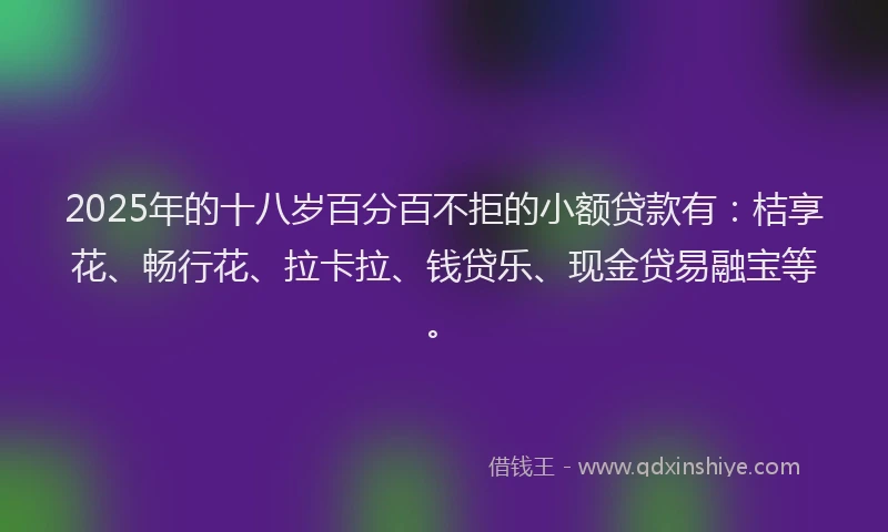 2025年的十八岁百分百不拒的小额贷款有：桔享花、畅行花、拉卡拉、钱贷乐、现金贷易融宝等。