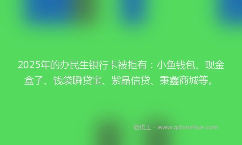 2025年的办民生银行卡被拒有：小鱼钱包、现金盒子、钱袋瞬贷宝、紫晶信贷、秉鑫商城等。