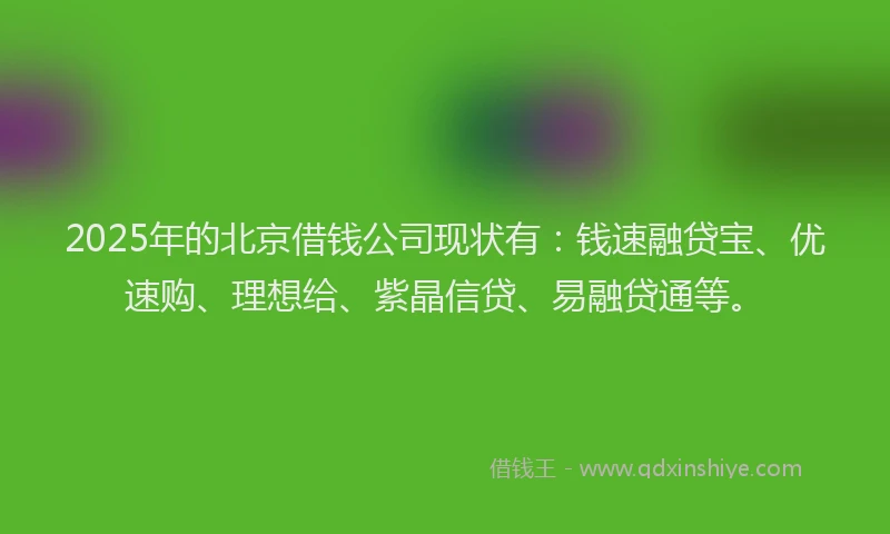 2025年的北京借钱公司现状有：钱速融贷宝、优速购、理想给、紫晶信贷、易融贷通等。