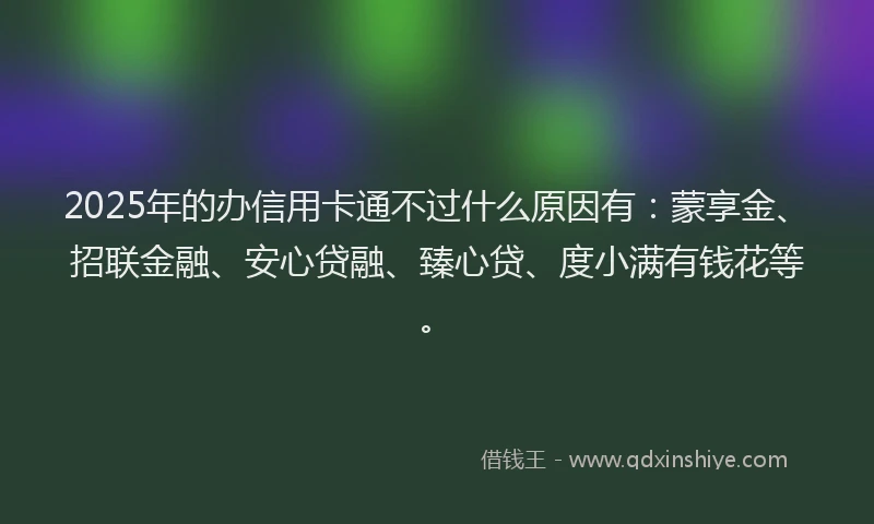 2025年的办信用卡通不过什么原因有：蒙享金、招联金融、安心贷融、臻心贷、度小满有钱花等。