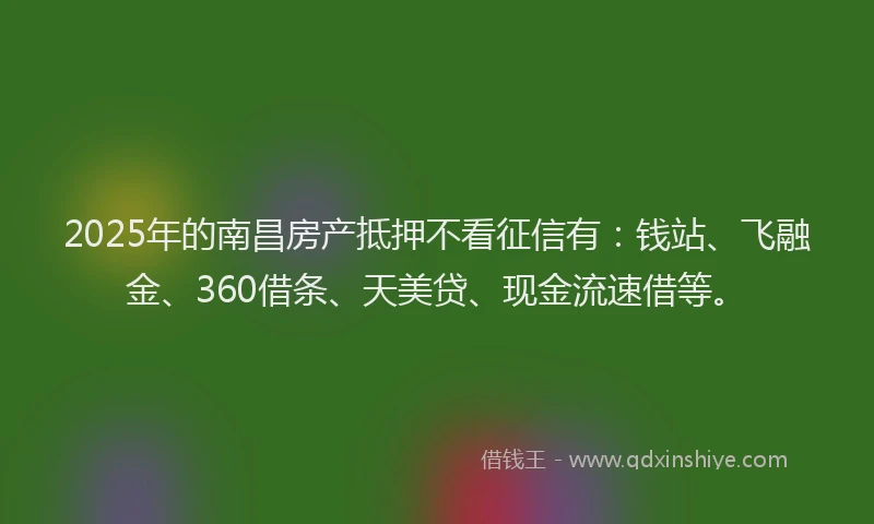 2025年的南昌房产抵押不看征信有：钱站、飞融金、360借条、天美贷、现金流速借等。